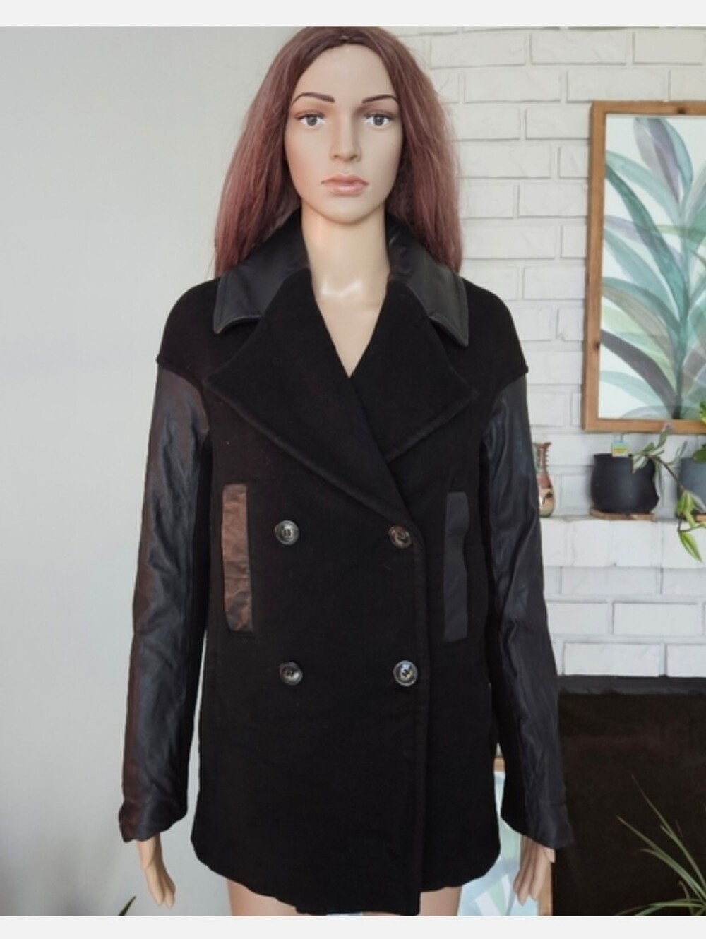 Danier Black Double-Breasted Wool Blend Coat with Leather Sleeves Peacoat